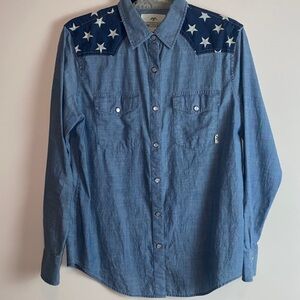 Western American Flag Pearl Snap  Commander Life Blue Shirt with Star Details L